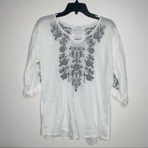 Johnny Was White Embroidery Blue/Tan Cotton Tunic Top Size Small